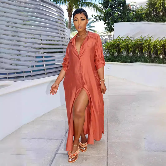 Robe Chemise Longue Satin Orange chez robe-chemise-boutique