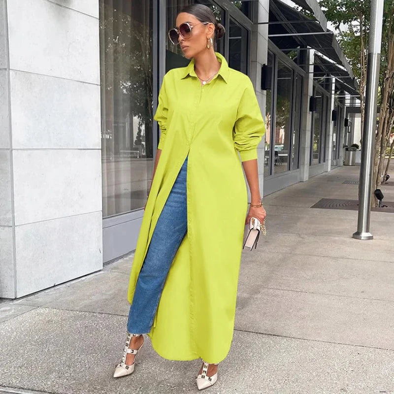 Robe Chemise Longue Chic Jaune chez robe-chemise-boutique
