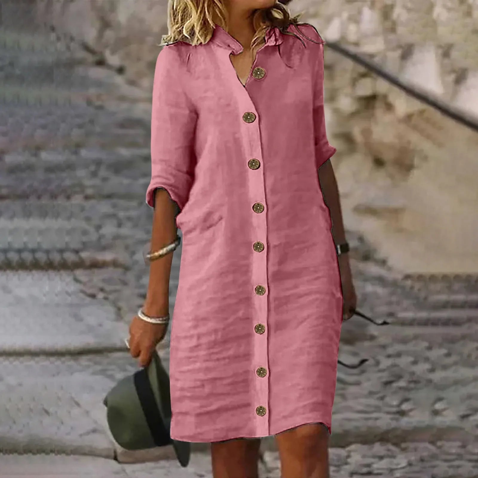 Robe Chemise Manche Courte Rose