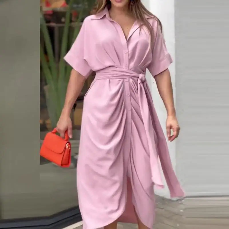 Robe Longue Col Chemise Rose